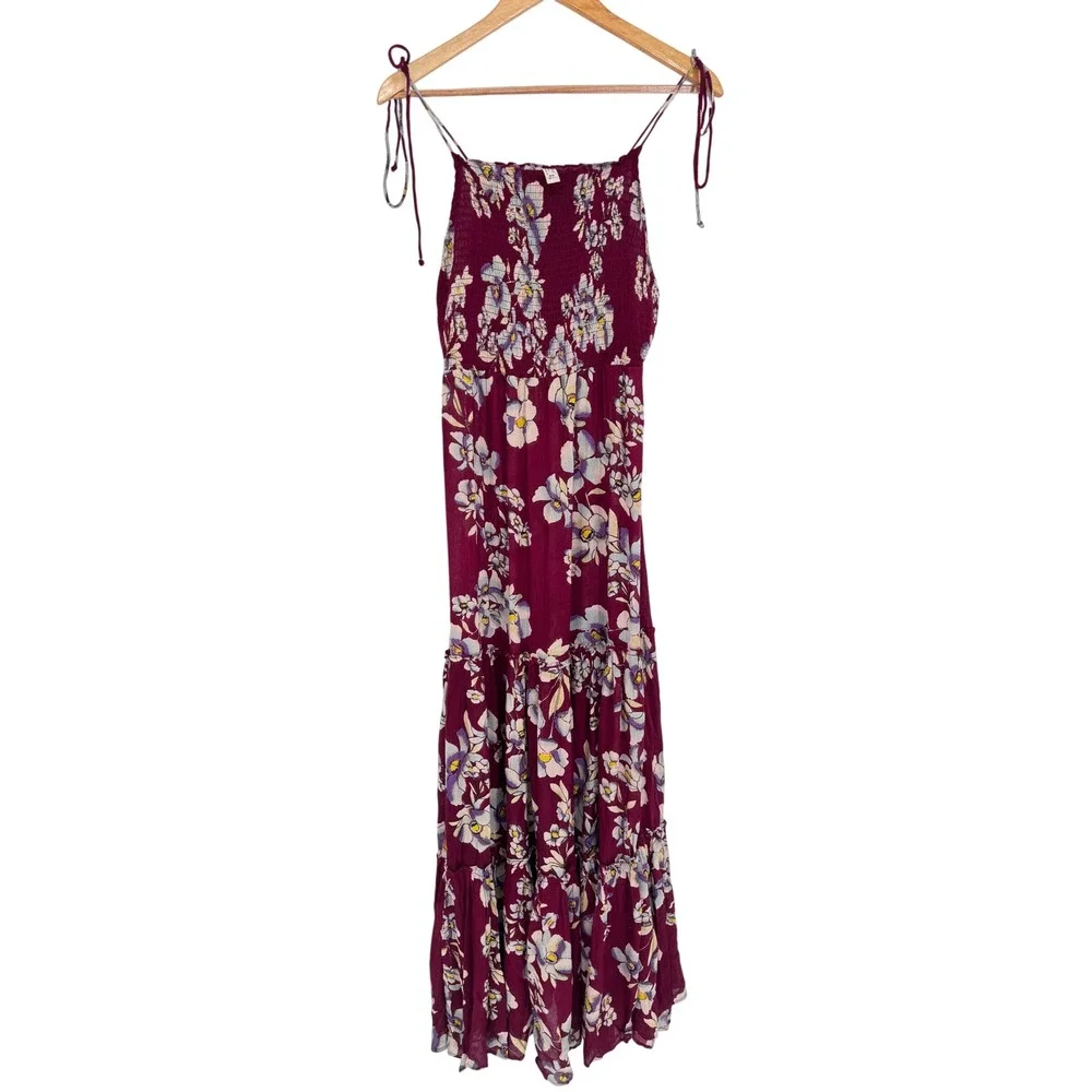 Free People Garden Party Maxi Dress Women M Burgundy Floral Smocked Boho Cottage